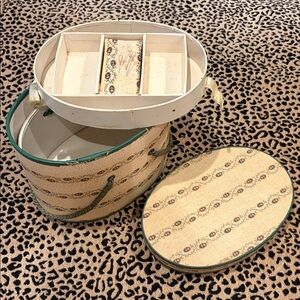 Sweet Oval Fabric Covered 40's Vintage Sewing Box Cottage Core Green Ivory